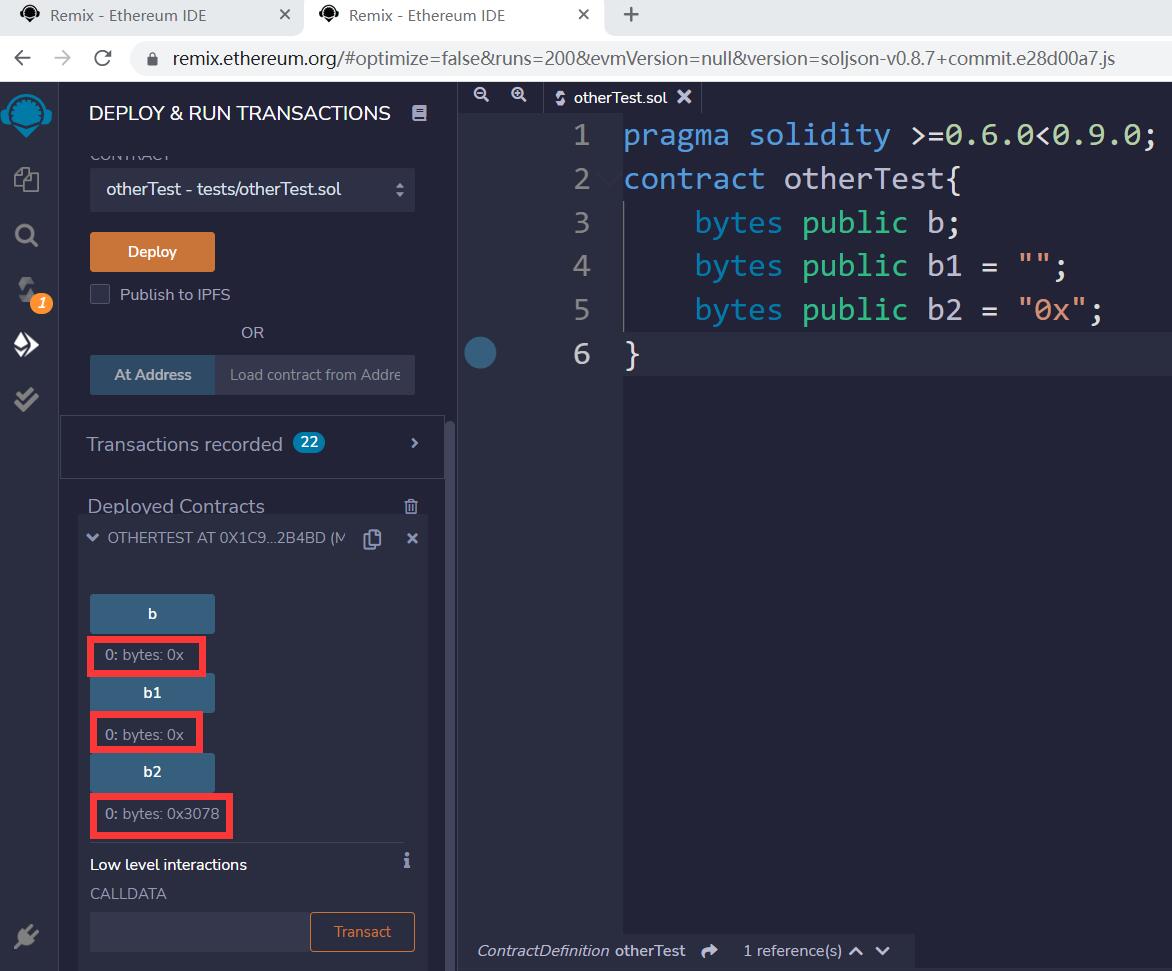 Bytes default values in Remix
